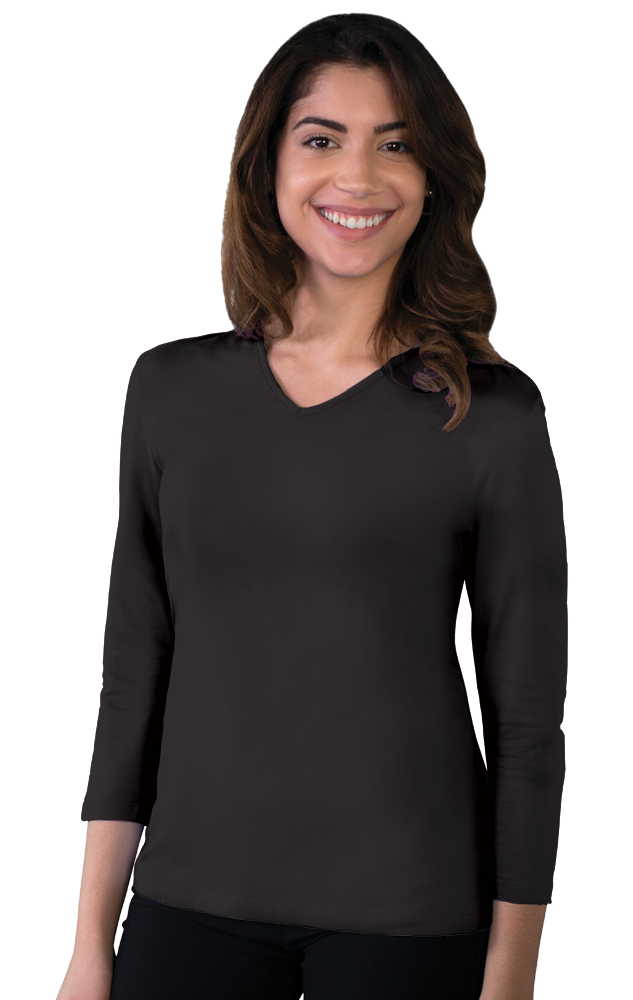 LADIES 3/4 SLEEVE V-NECK  -  BLACK EXTRA SMALL SOLID