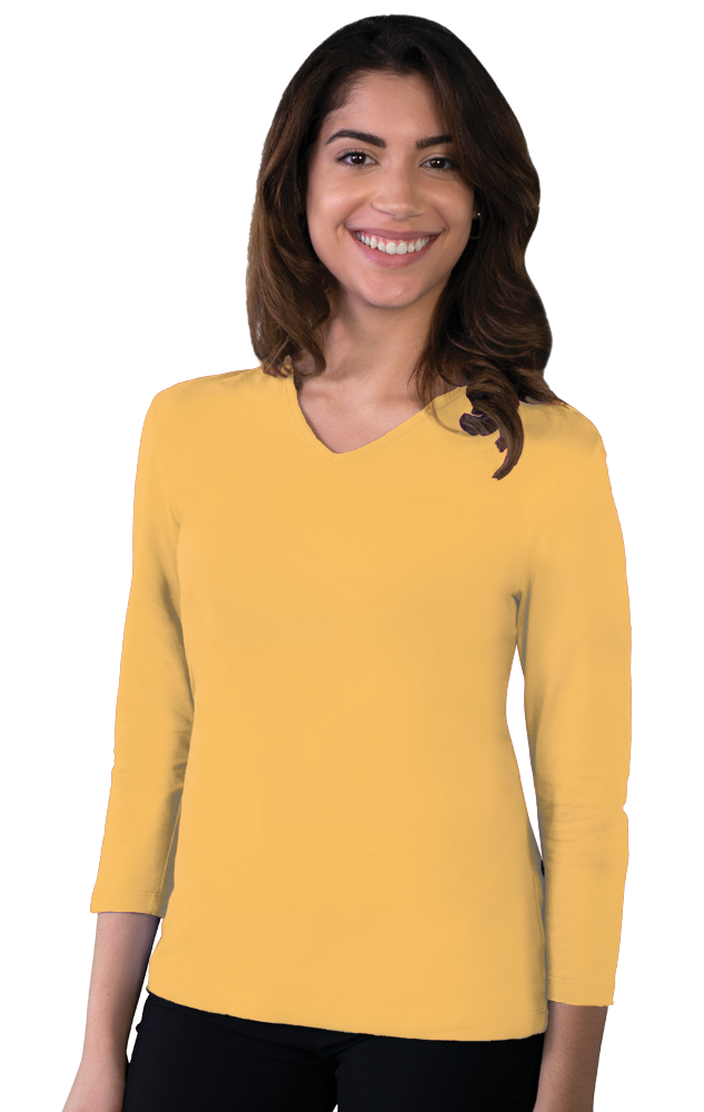 LADIES 3/4 SLEEVE V-NECK  -  MAIZE EXTRA SMALL SOLID