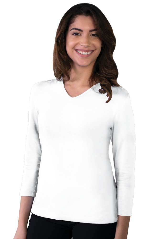 LADIES 3/4 SLEEVE V-NECK  -  WHITE EXTRA SMALL SOLID