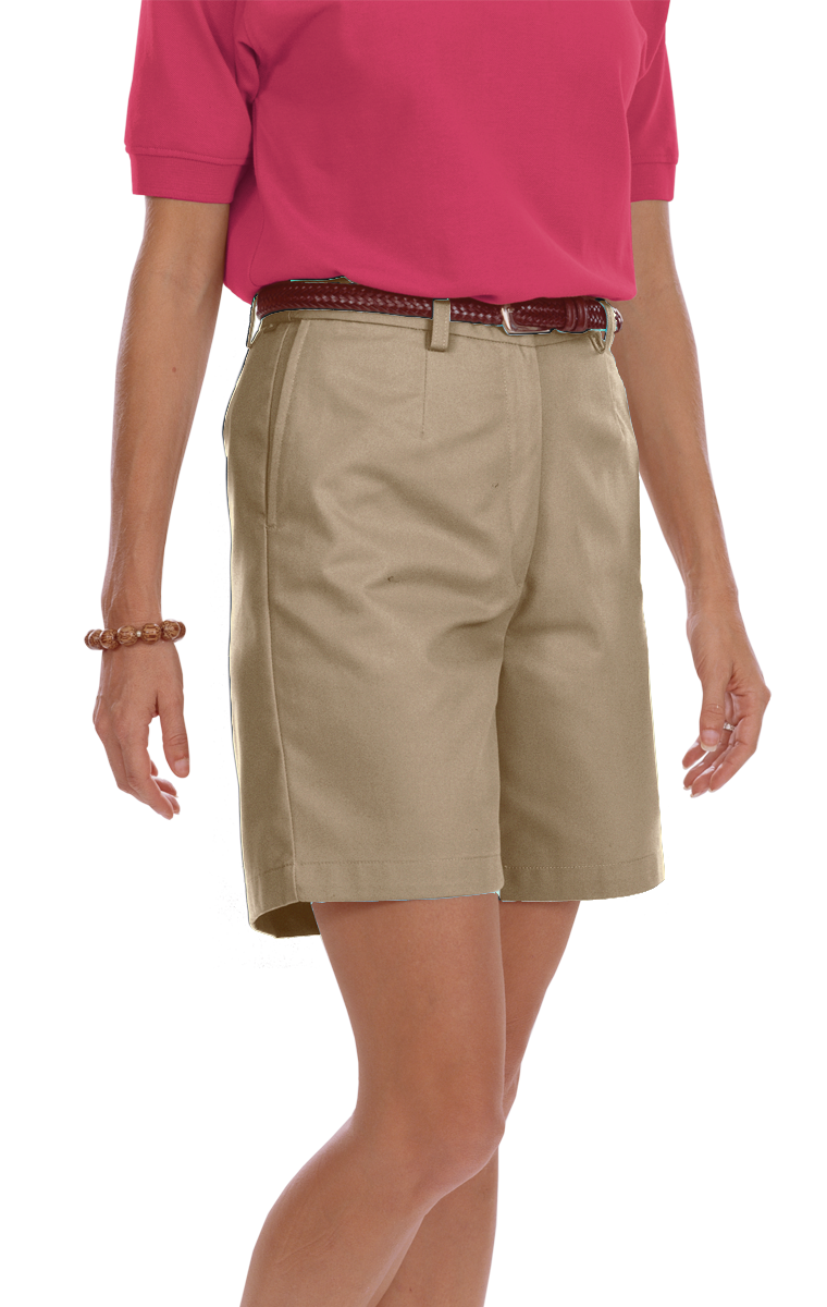 LADIES FLAT FRONT TEFLON TREATED TWILL SHORTS  -  KHAKI LENGTH 7 1/2 INCH WAIST 2