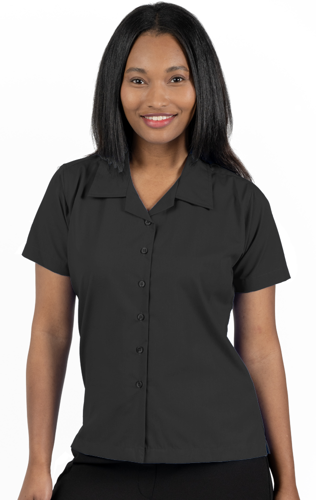 LADIES SHORT SLEEVE SOLID CAMPSHIRT 65/35 POLY/ COTTON  -  BLACK 2 EXTRA LARGE SOLID