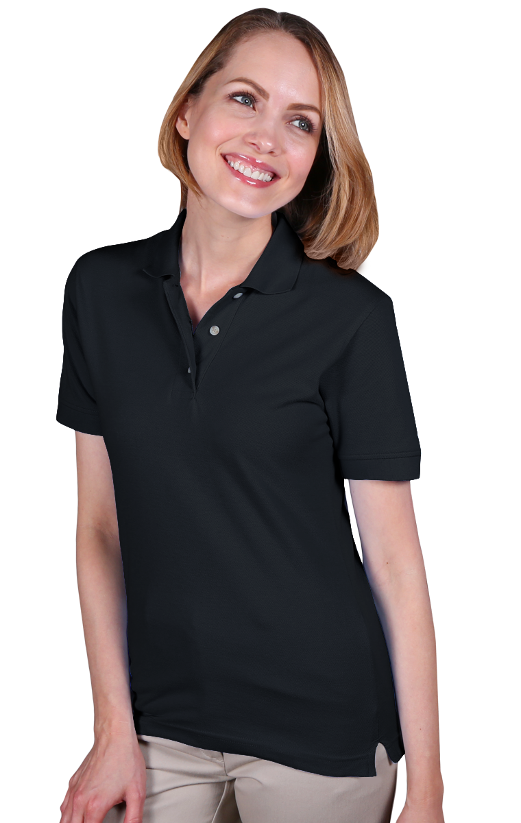 LADIES SHORT SLEEVE TEFLON TREATED PIQUES NO POCKET  -  BLACK SMALL SOLID