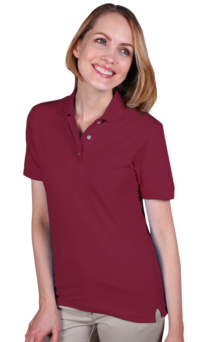 LADIES SHORT SLEEVE TEFLON TREATED PIQUES NO POCKET  -  BURGUNDY SMALL SOLID