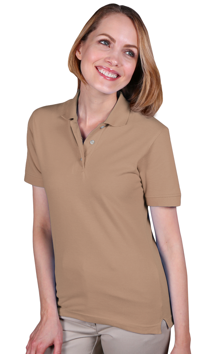 LADIES SHORT SLEEVE TEFLON TREATED PIQUES NO POCKET  -  TAN SMALL SOLID