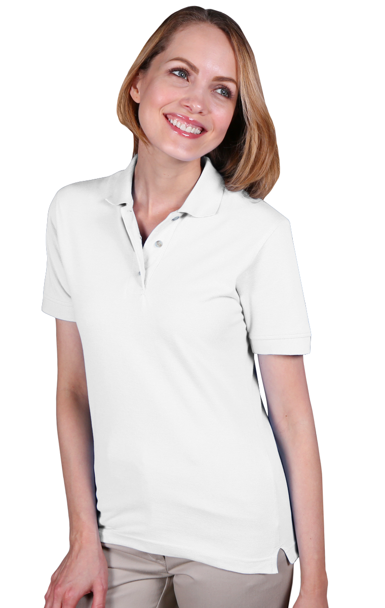 LADIES SHORT SLEEVE TEFLON TREATED PIQUES NO POCKET  -  WHITE SMALL SOLID