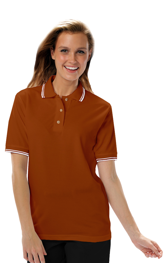 LADIES SHORT SLEEVE TIPPED COLLAR & CUFF PIQUES  -  BURNT ORANGE 2 EXTRA LARGE TIPPED IVORY