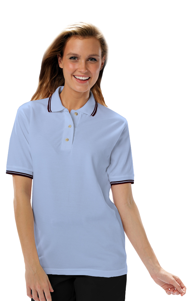 LADIES SHORT SLEEVE TIPPED COLLAR & CUFF PIQUES  -  LIGHT BLUE 4 EXTRA LARGE TIPPED NAVY