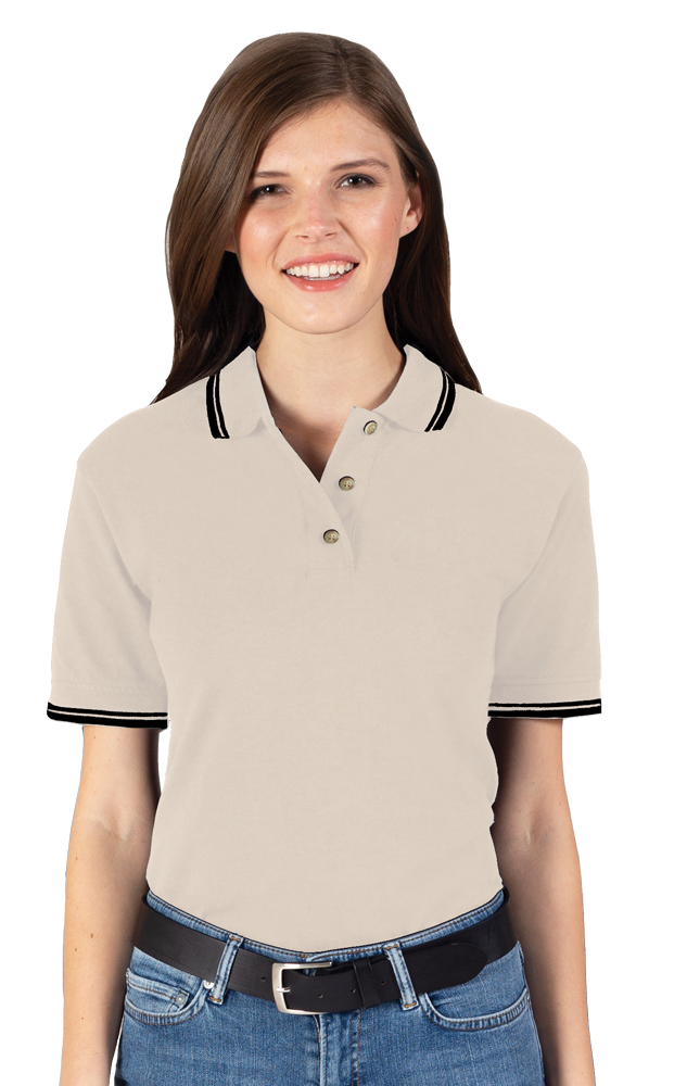 LADIES SHORT SLEEVE TIPPED COLLAR & CUFF PIQUES  -  NATURAL 2 EXTRA LARGE TIPPED BLACK