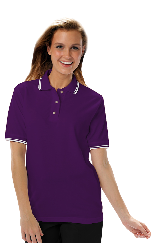 LADIES SHORT SLEEVE TIPPED COLLAR & CUFF PIQUES  -  PURPLE 2 EXTRA LARGE TIPPED IVORY