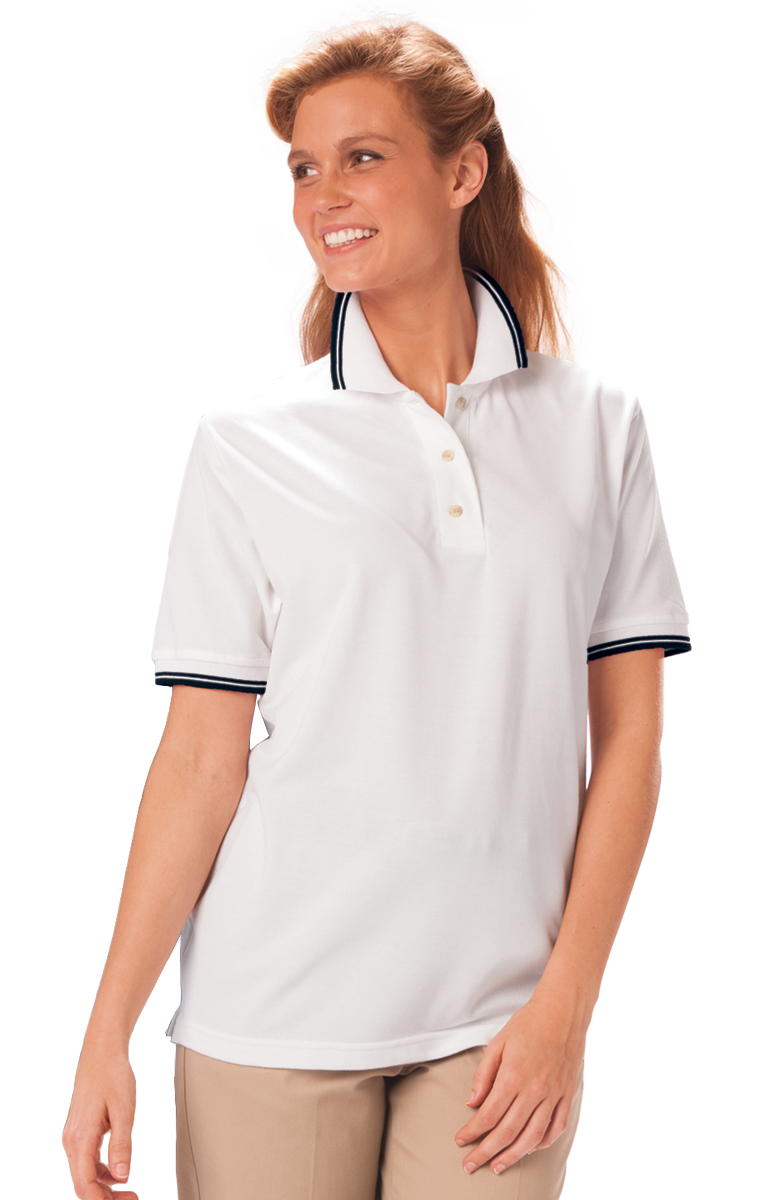 LADIES SHORT SLEEVE TIPPED COLLAR & CUFF PIQUES  -  WHITE 2 EXTRA LARGE TIPPED BLACK