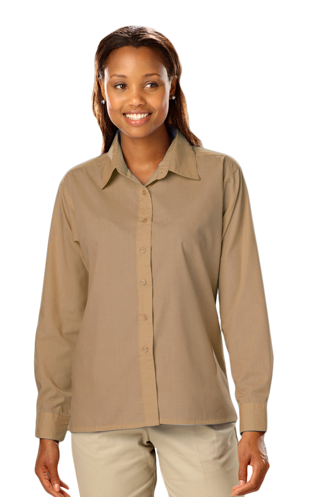 LADIES L/S LIGHT WEIGHT POPLIN SHIRT  -  TAN SMALL SOLID