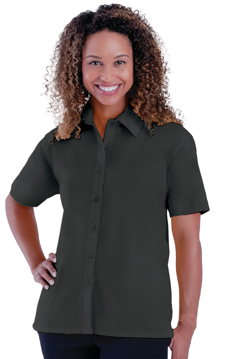 LADIES S/S LIGHT WEIGHT POPLIN SHIRT  -  BLACK 2 EXTRA LARGE SOLID