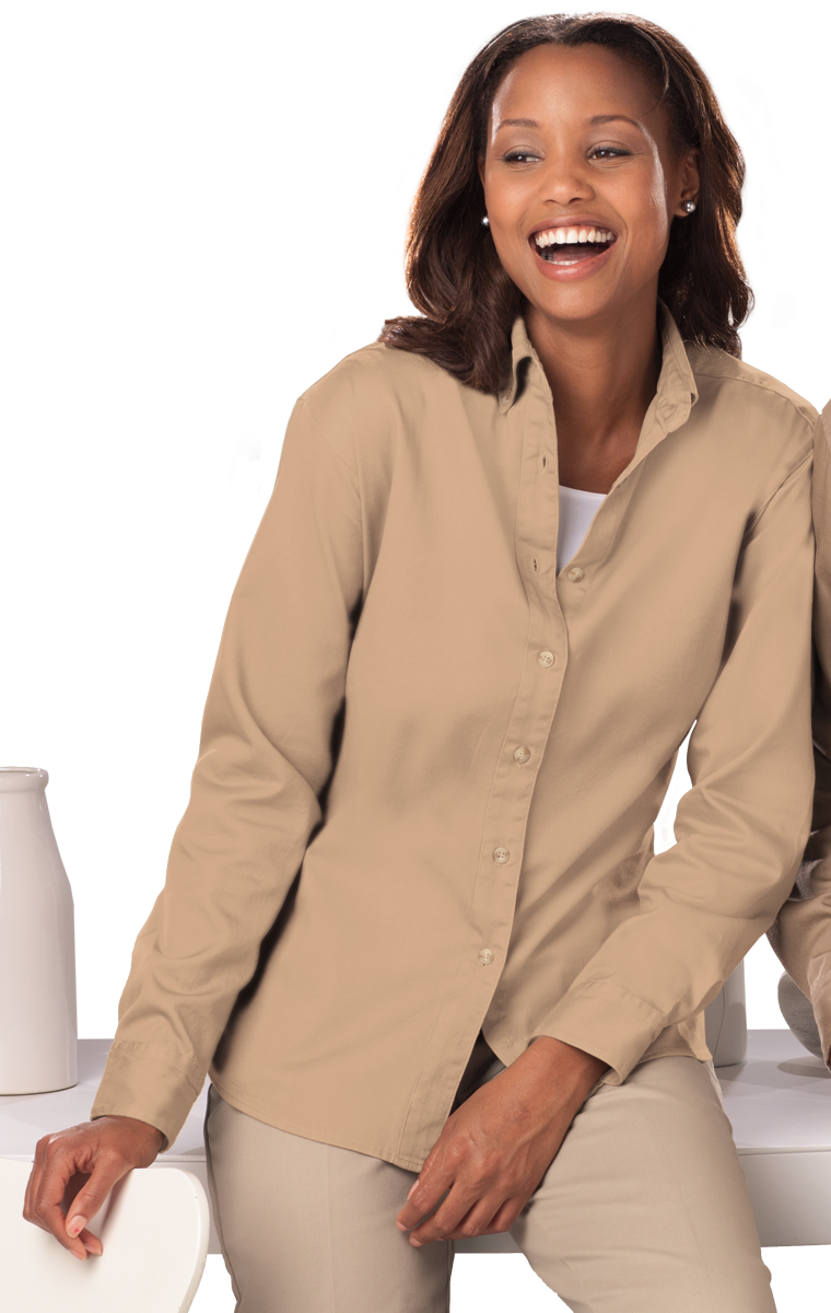 LADIES LONG SLEEVE 100% COTTON TWILL  -  NATURAL 2 EXTRA LARGE SOLID