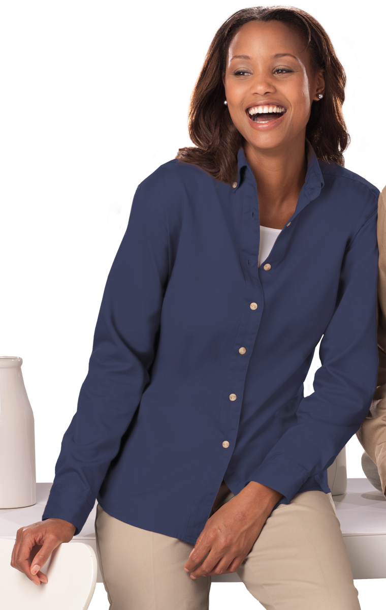 LADIES LONG SLEEVE 100% COTTON TWILL  -  NAVY 2 EXTRA LARGE SOLID