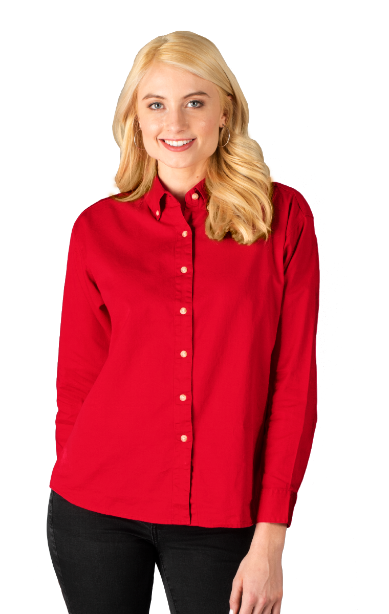 LADIES LONG SLEEVE 100% COTTON TWILL  -  RED 2 EXTRA LARGE SOLID