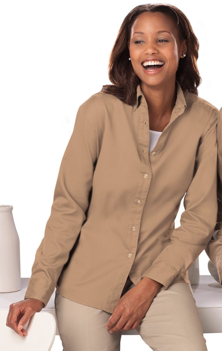 LADIES LONG SLEEVE 100% COTTON TWILL  -  TAN 2 EXTRA LARGE SOLID