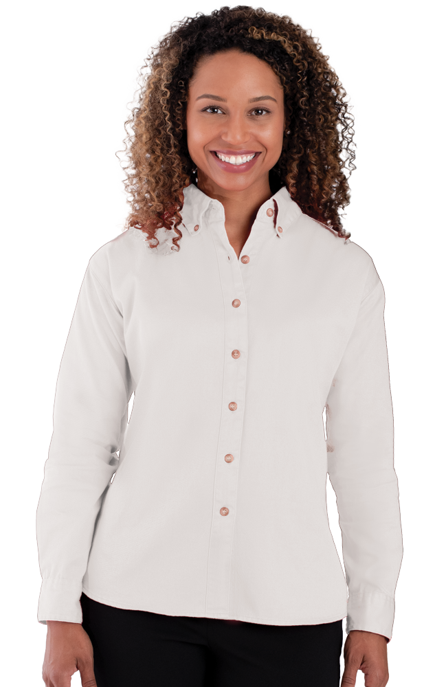 LADIES LONG SLEEVE 100% COTTON TWILL  -  WHITE 2 EXTRA LARGE SOLID