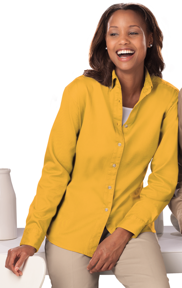 LADIES LONG SLEEVE 100% COTTON TWILL  -  YELLOW 2 EXTRA LARGE SOLID