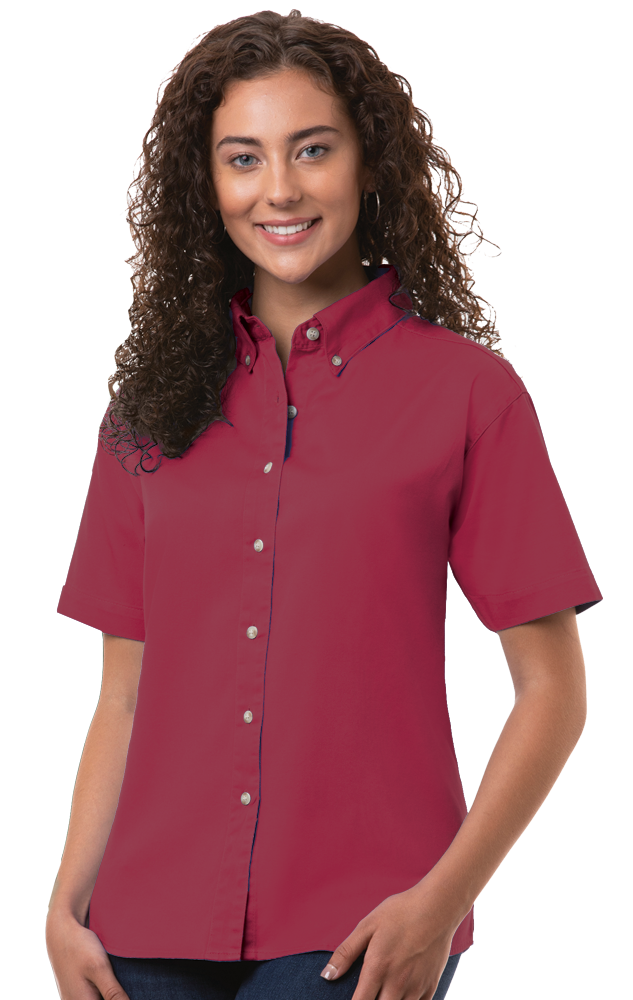 LADIES SHORT SLEEVE 100% COTTON TWILL  -  BURGUNDY 2 EXTRA LARGE SOLID