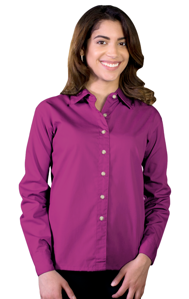 LADIES LONG SLEEVE EASY CARE POPLIN  -  BERRY SMALL SOLID