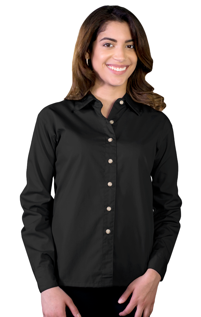 LADIES LONG SLEEVE EASY CARE POPLIN  -  BLACK SMALL SOLID