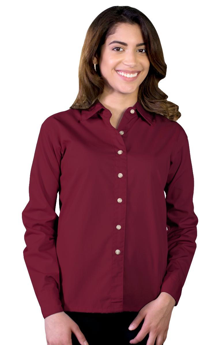 LADIES LONG SLEEVE EASY CARE POPLIN  -  BURGUNDY SMALL SOLID