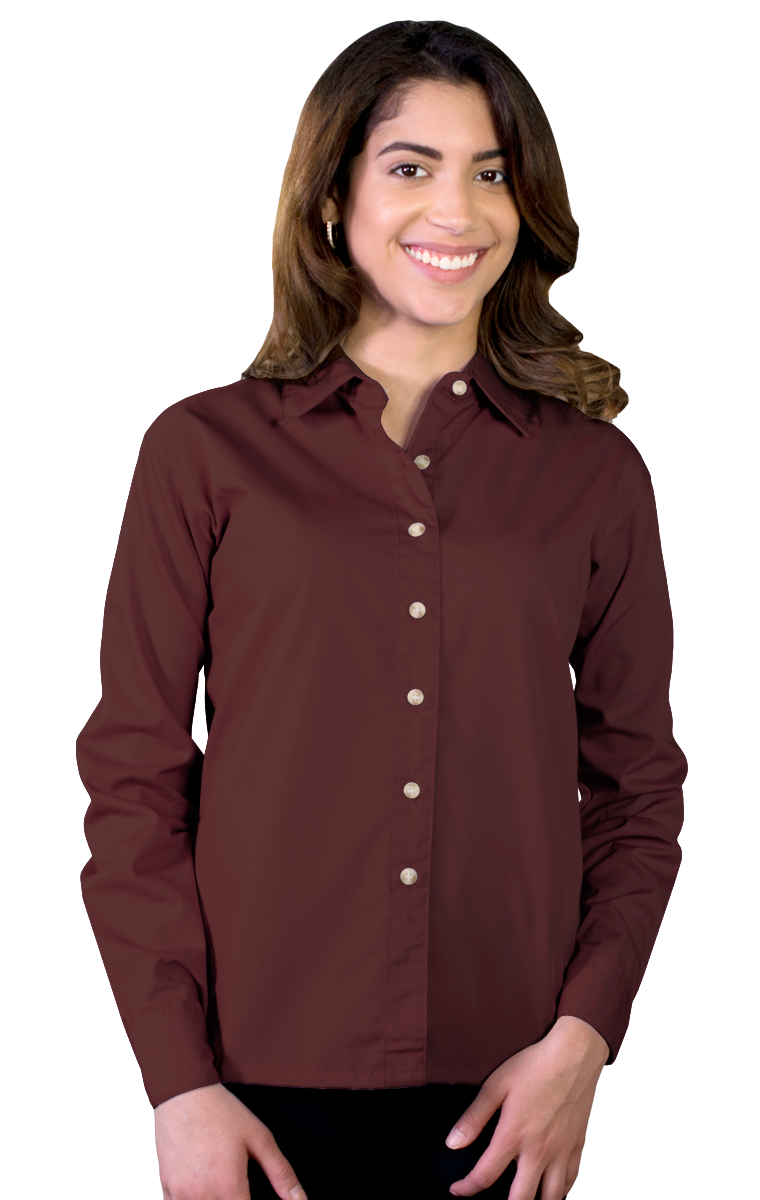 LADIES LONG SLEEVE EASY CARE POPLIN  -  CHOCOLATE SMALL SOLID