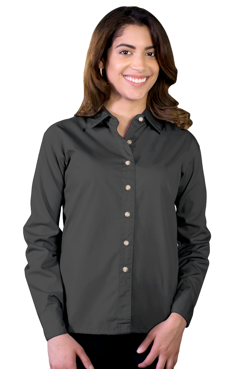 LADIES LONG SLEEVE EASY CARE POPLIN  -  GRAPHITE SMALL SOLID