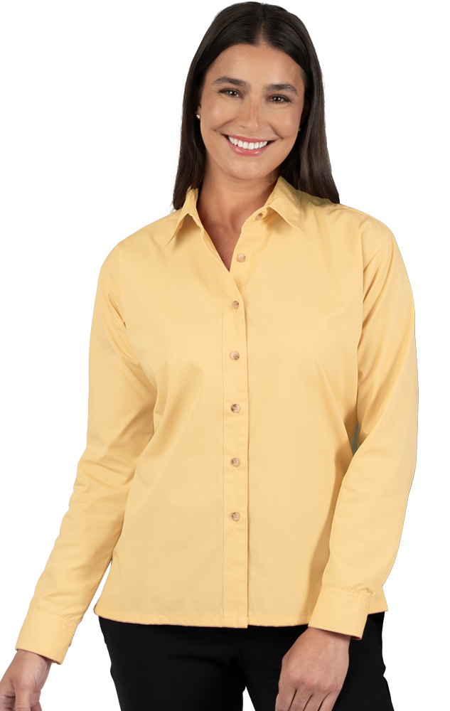 LADIES LONG SLEEVE EASY CARE POPLIN  -  MAIZE SMALL SOLID