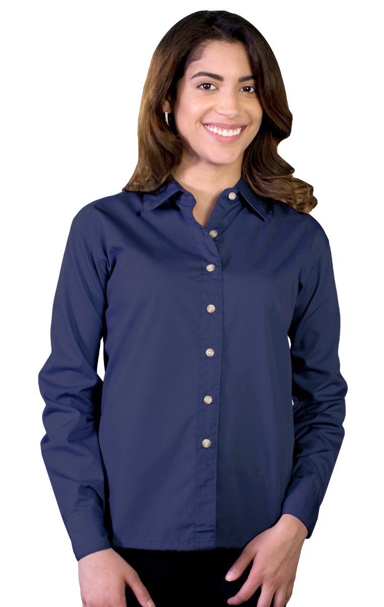 LADIES LONG SLEEVE EASY CARE POPLIN  -  NAVY SMALL SOLID