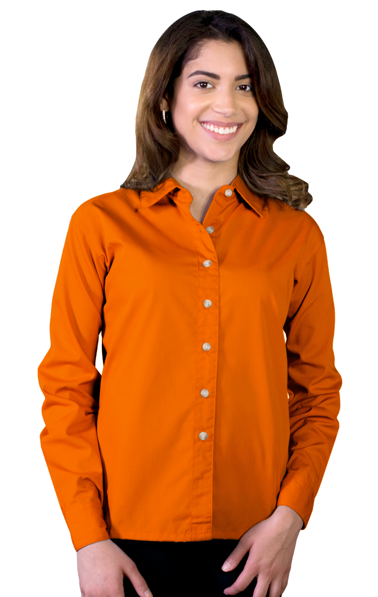 LADIES LONG SLEEVE EASY CARE POPLIN  -  ORANGE SMALL SOLID