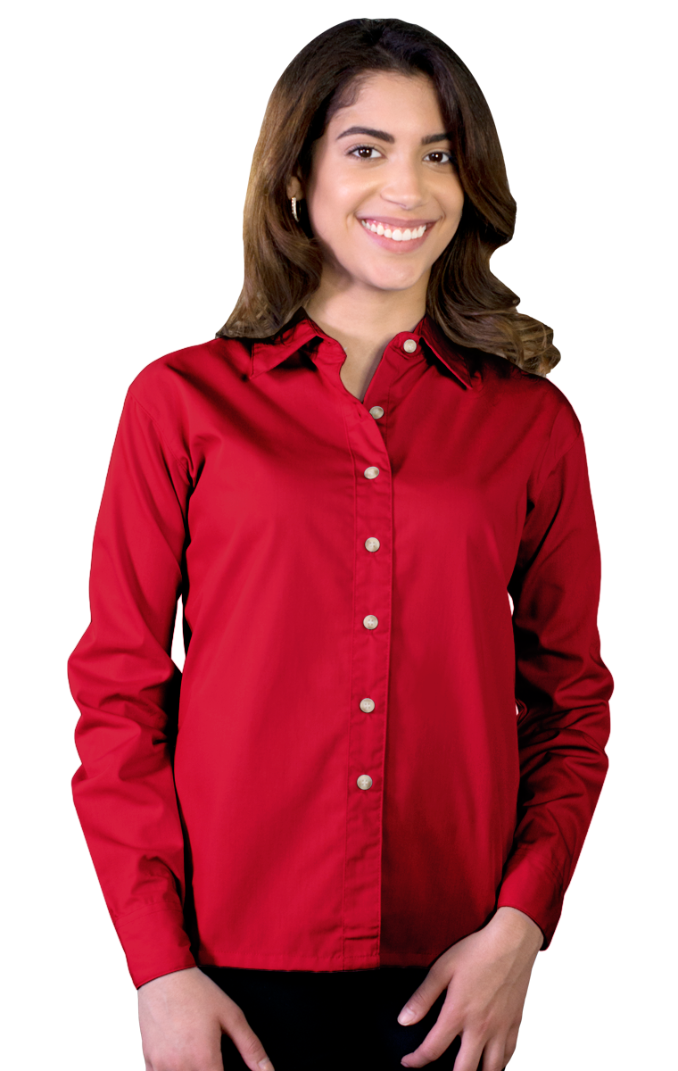 LADIES LONG SLEEVE EASY CARE POPLIN  -  RED SMALL SOLID