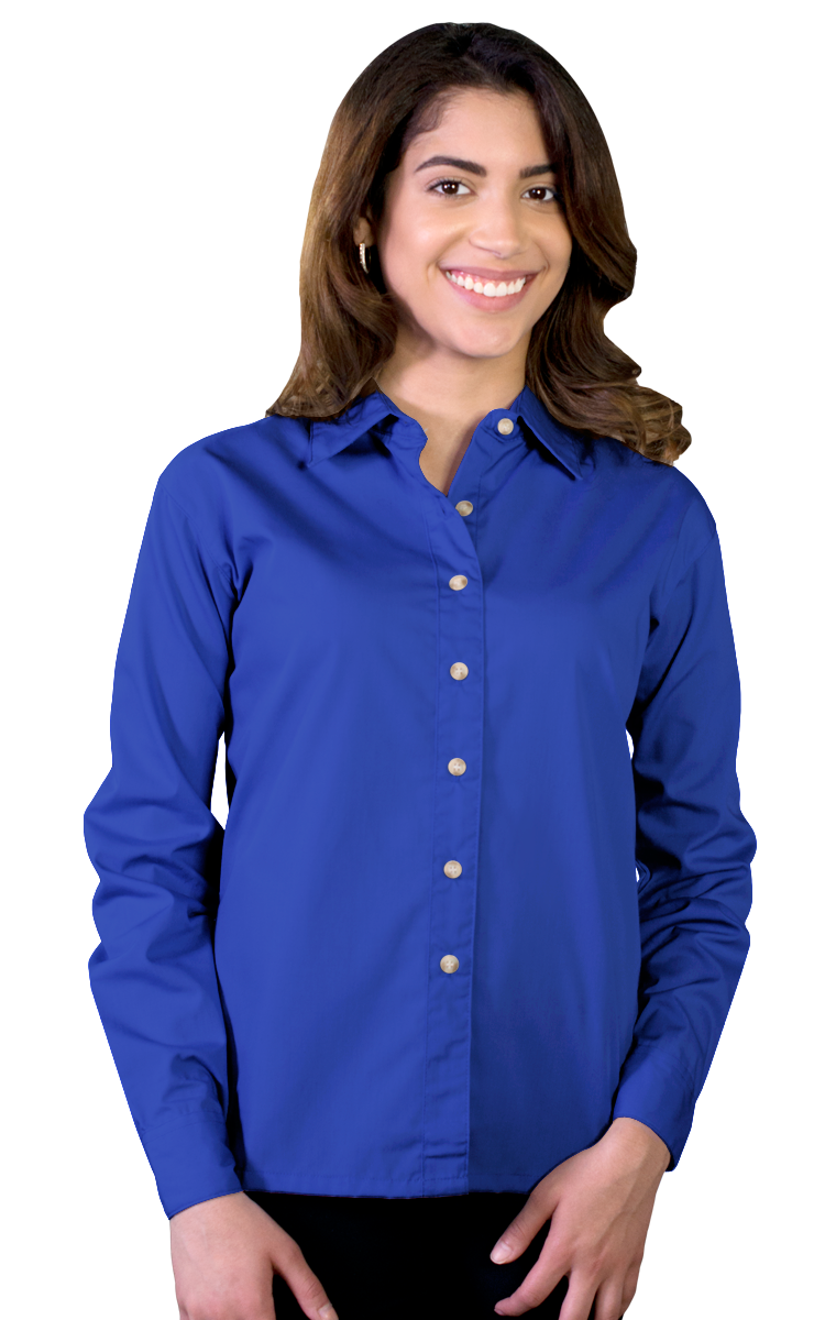 LADIES LONG SLEEVE EASY CARE POPLIN  -  ROYAL SMALL SOLID