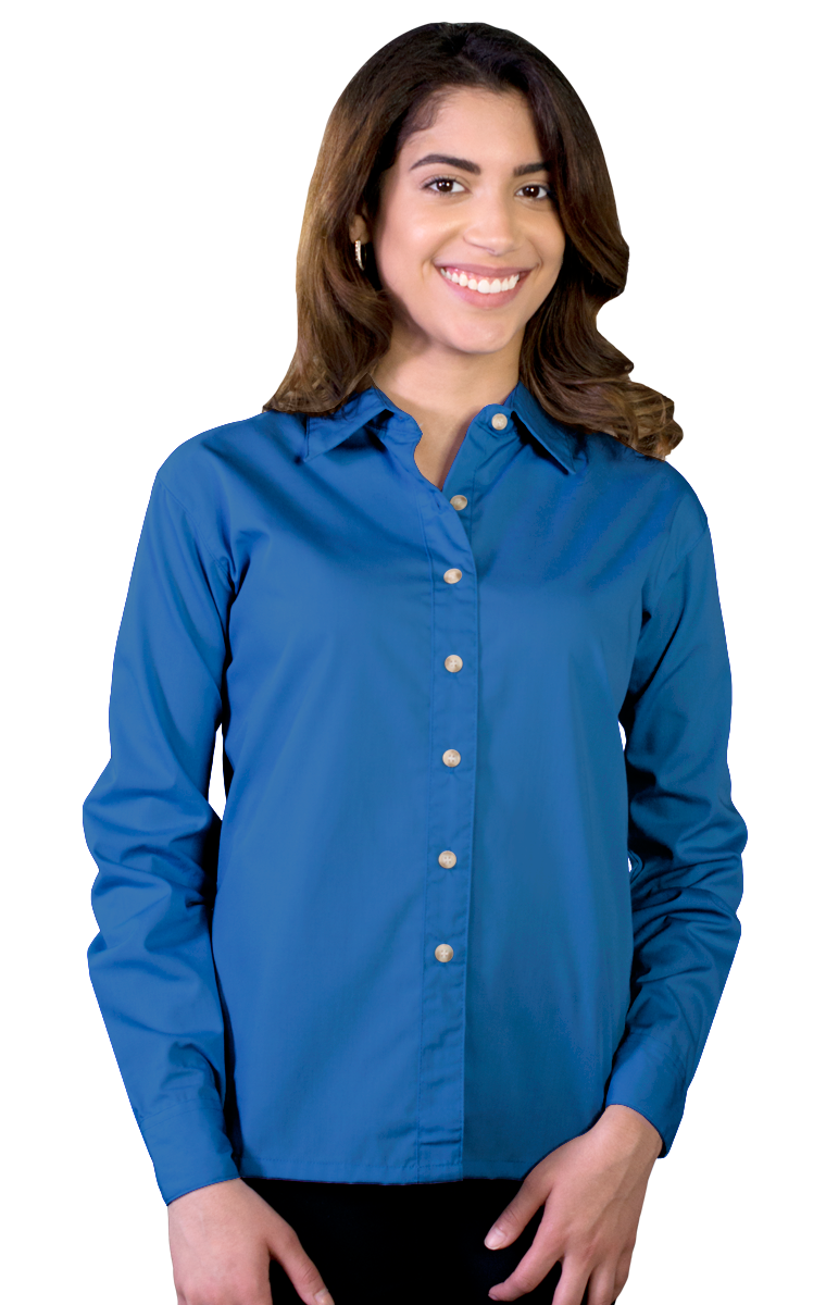 LADIES LONG SLEEVE EASY CARE POPLIN  -  TURQUOISE SMALL SOLID