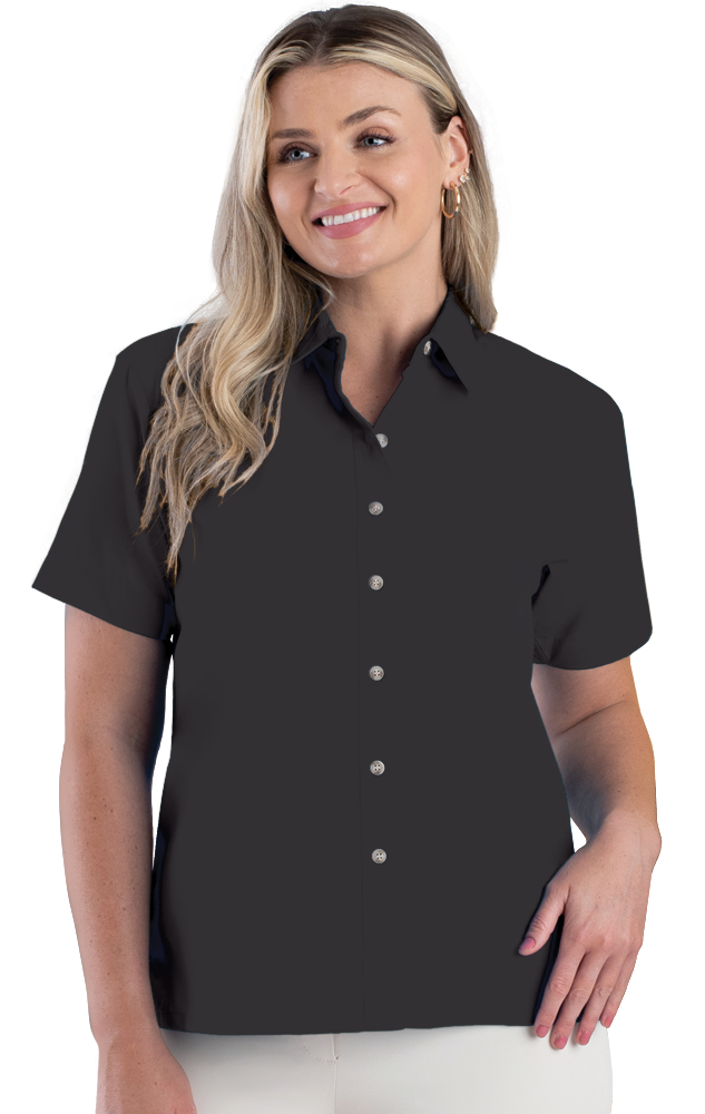 LADIES SHORT SLEEVE  EASY CARE POPLIN  -  BLACK 2 EXTRA LARGE SOLID