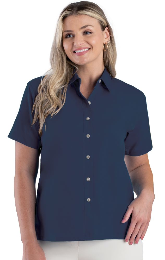 LADIES SHORT SLEEVE  EASY CARE POPLIN  -  NAVY 2 EXTRA LARGE SOLID