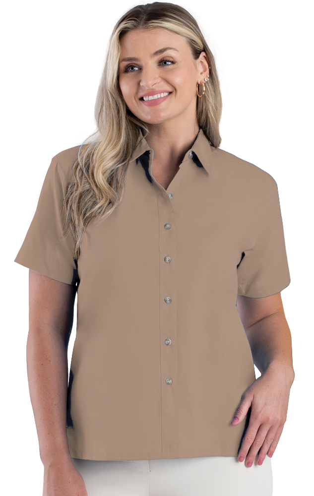 LADIES SHORT SLEEVE  EASY CARE POPLIN  -  TAN 2 EXTRA LARGE SOLID