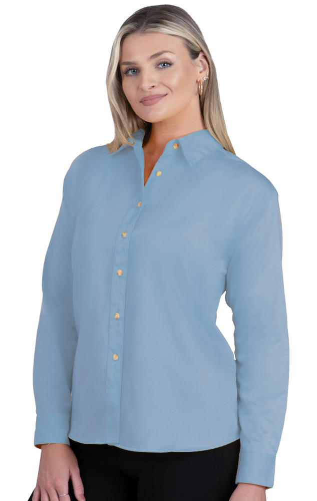 LADIES LONG SLEEVE TEFLON TWILL  -  LIGHT BLUE SMALL SOLID