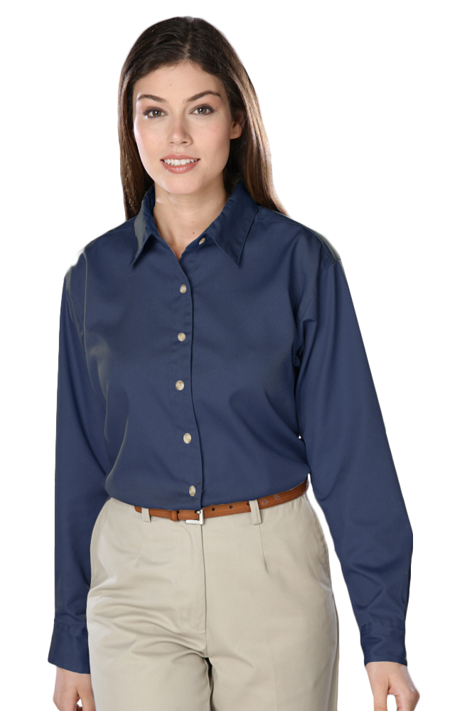 LADIES LONG SLEEVE TEFLON TWILL  -  NAVY SMALL SOLID