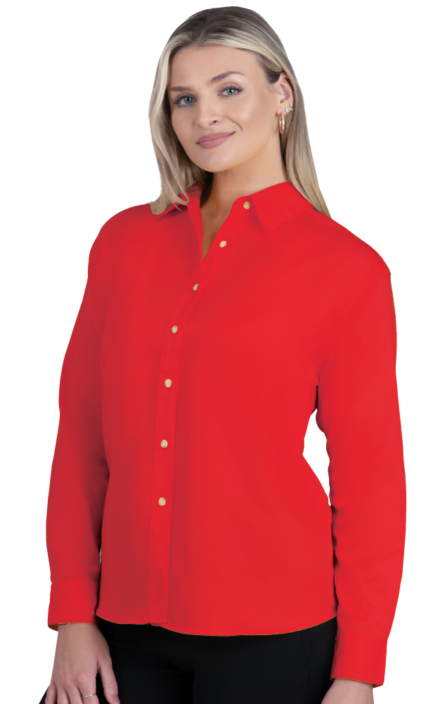 LADIES LONG SLEEVE TEFLON TWILL  -  RED SMALL SOLID