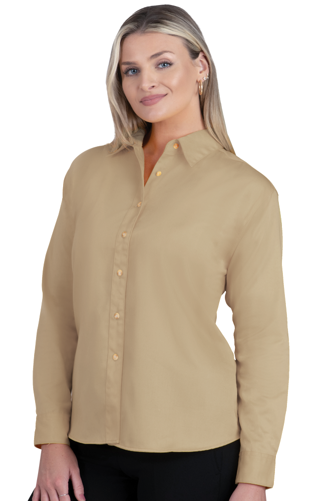 LADIES LONG SLEEVE TEFLON TWILL  -  TAN SMALL SOLID