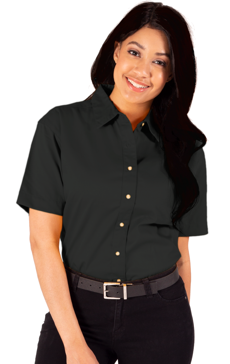 LADIES SHORT SLEEVE TEFLON TWILL  -  BLACK SMALL SOLID