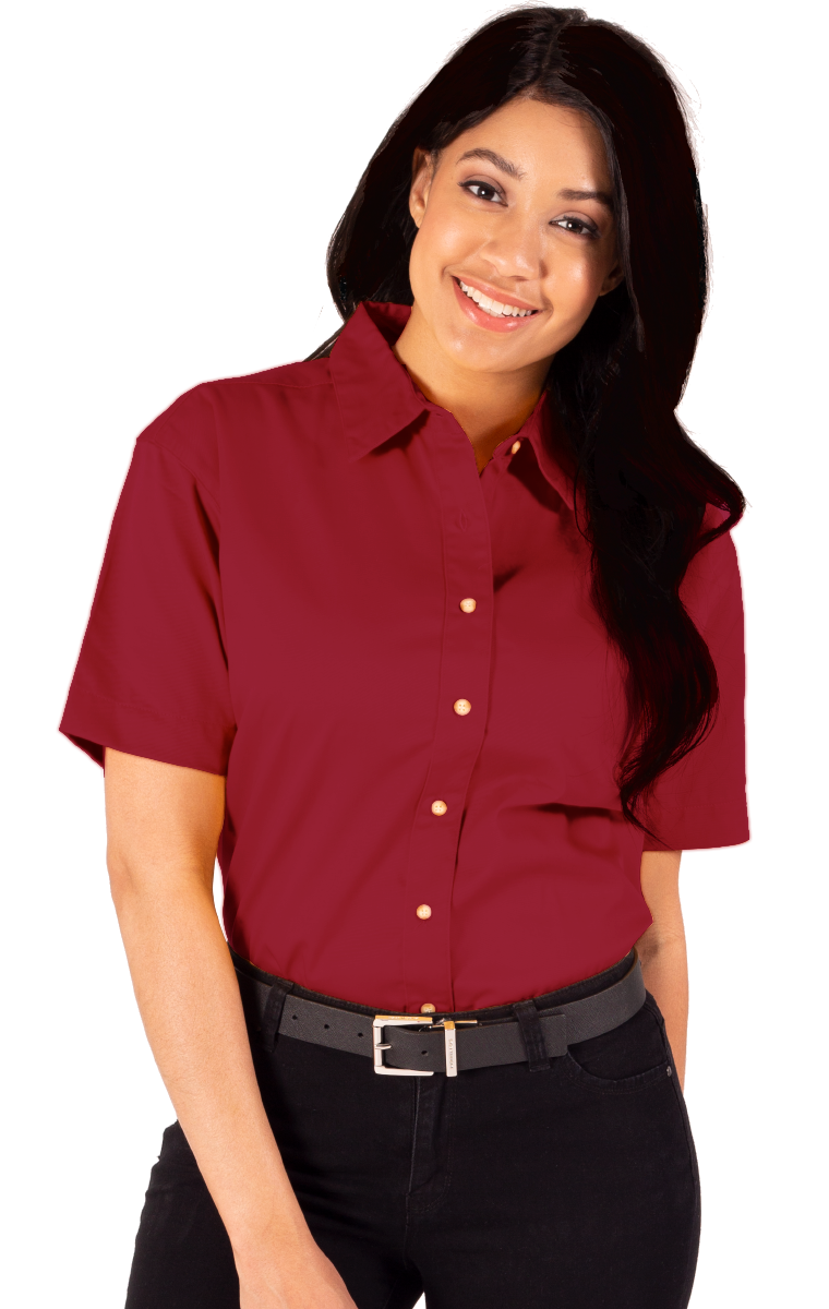 LADIES SHORT SLEEVE TEFLON TWILL  -  BURGUNDY SMALL SOLID