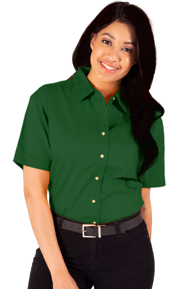 LADIES SHORT SLEEVE TEFLON TWILL  -  HUNTER SMALL SOLID