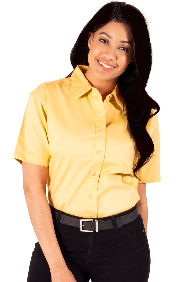 LADIES SHORT SLEEVE TEFLON TWILL  -  MAIZE SMALL SOLID