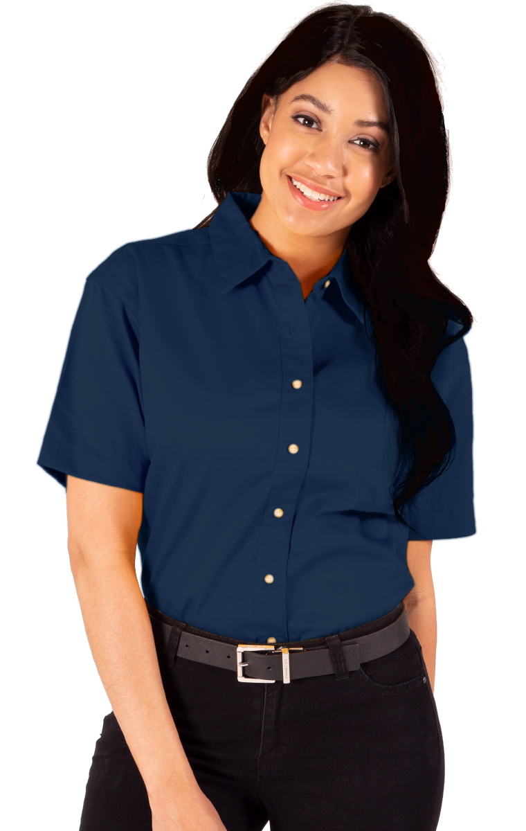 LADIES SHORT SLEEVE TEFLON TWILL  -  NAVY SMALL SOLID