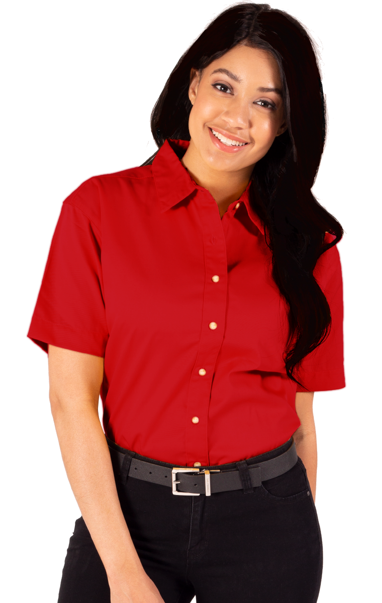 LADIES SHORT SLEEVE TEFLON TWILL  -  RED SMALL SOLID