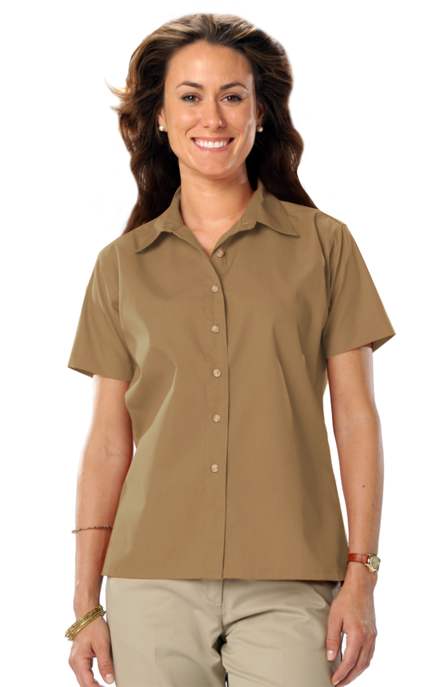 LADIES SHORT SLEEVE TEFLON TWILL  -  TAN SMALL SOLID