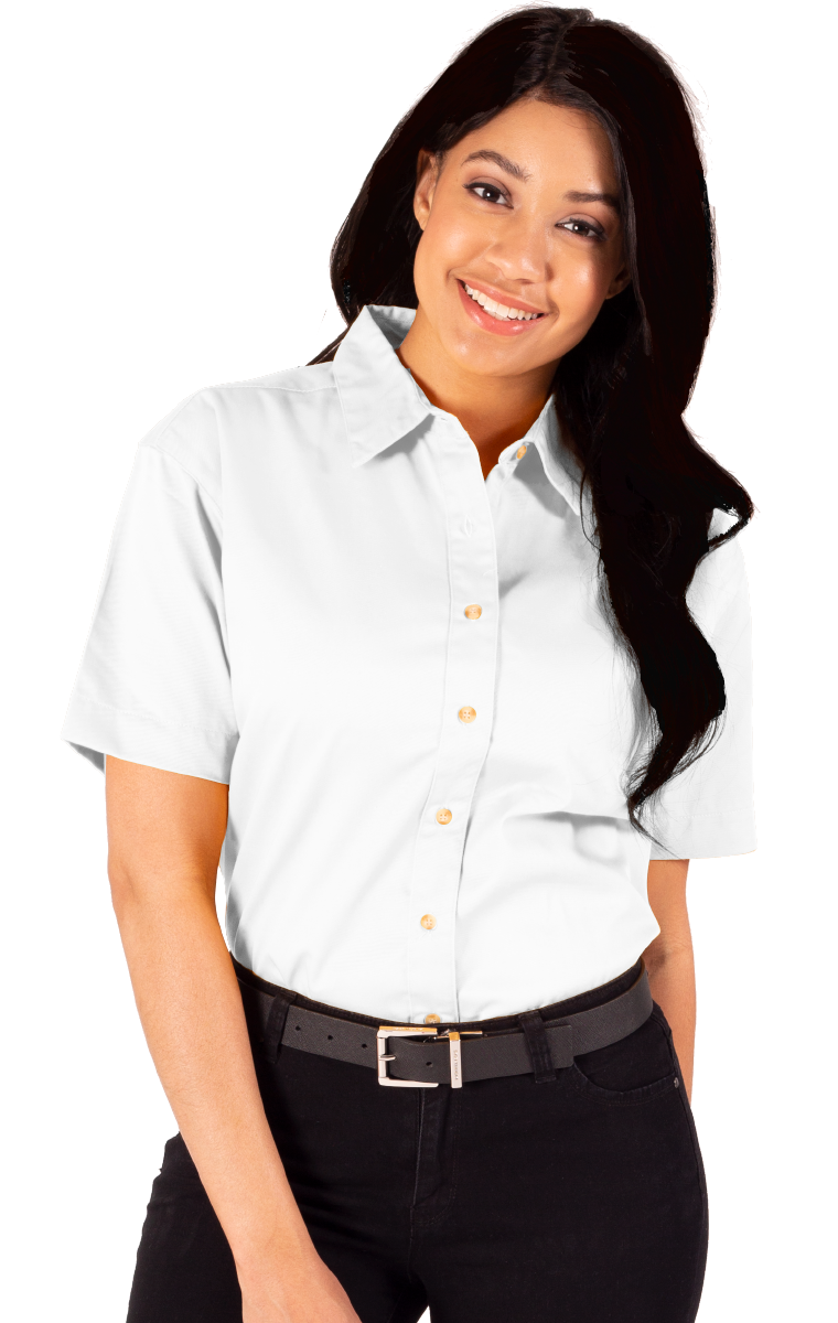 LADIES SHORT SLEEVE TEFLON TWILL  -  WHITE SMALL SOLID