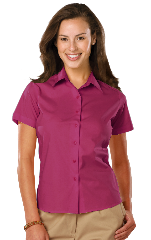 LADIES EASY CARE STRETCH SS POPLIN  -  BERRY 2 EXTRA LARGE SOLID